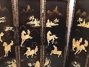 4 Vintage chinese hand carve abalone shell horses on black lacquer wood panels