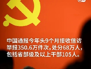 中国今年已接收信访举报350.6万件 处分68万人…